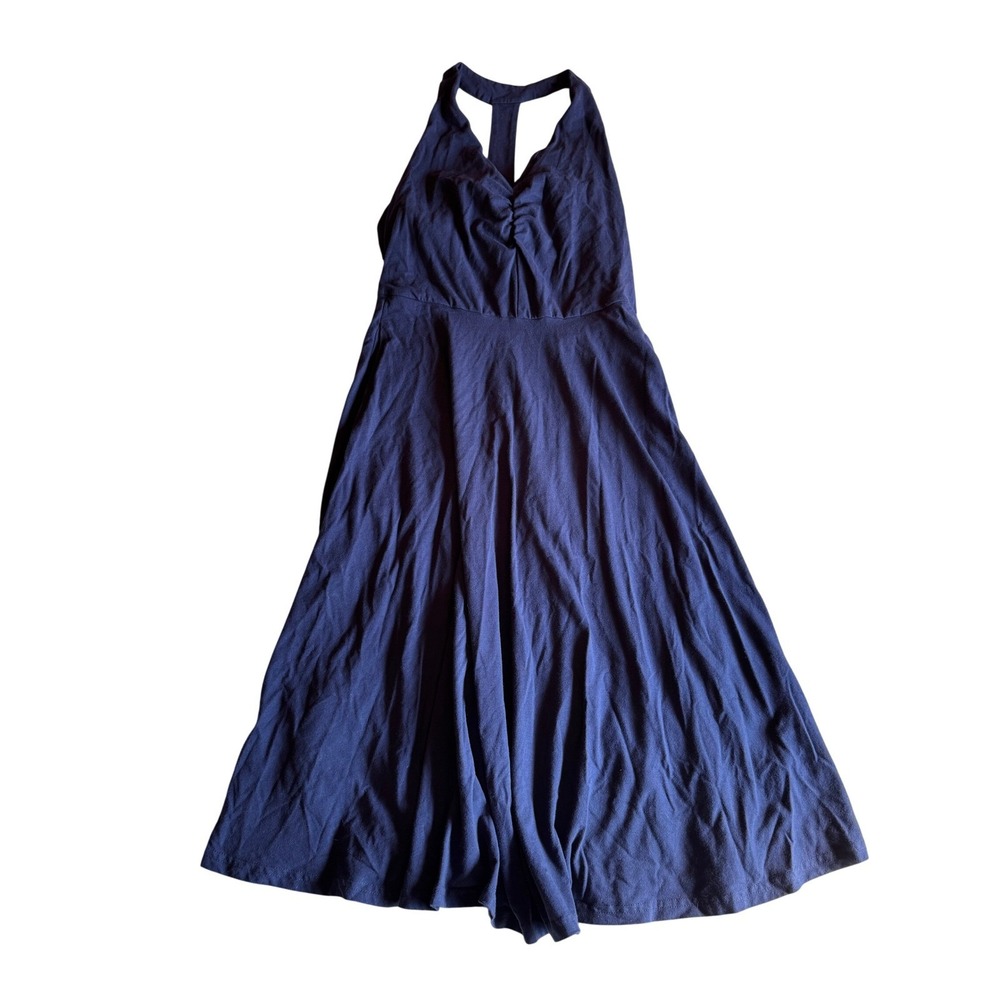 Pact Organic Cotton Fit and Flare Gathered Halter Dress Navy Blue M Pockets Midi